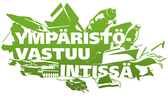Utbildningspaketet Miljöansvar i milins logo i grönt och vitt med ett jaktflygplan, en stridsvagn, ett fartyg, en laddare och plastflaskor.