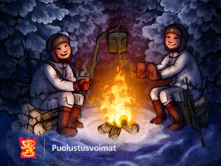 Piirretty postikorttikuva, jossa kaksi sotilasta lämmittelee nuotiolla talvisessa metsässä.