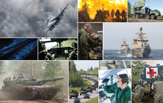 Fotomontage som presenterar logistikverkets verksamhet, bl.a. Hornetjaktplan, fältartilleripjäs, helikopter, robotbåt, stridsvagn och sjukvårdspansarfordon. Foto Försvarsmakten.