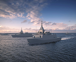 Havainnekuvassa kolme harmaata Pohjanmaa-luokan taistelualusta rinnakkain merellä. Kuva Puolustusvoimat.
